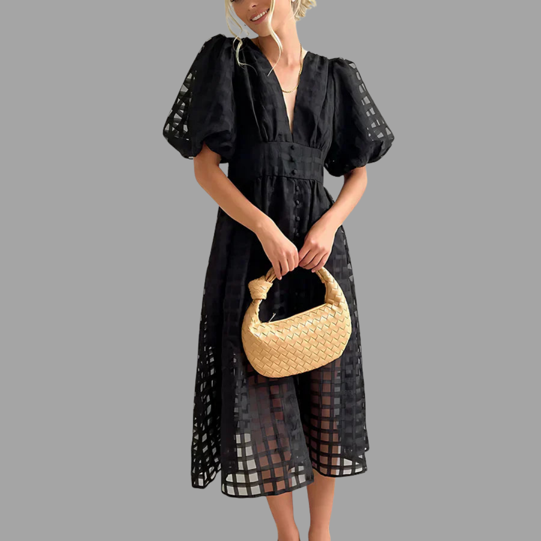 Tilda | Gemustertes Midi-Kleid mit Puffärmeln