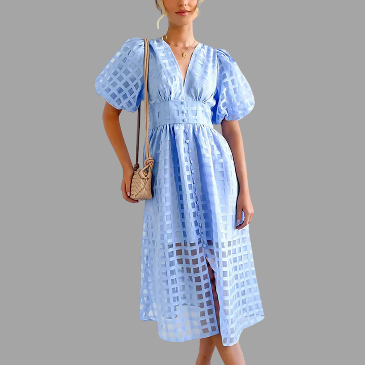 Tilda | Gemustertes Midi-Kleid mit Puffärmeln